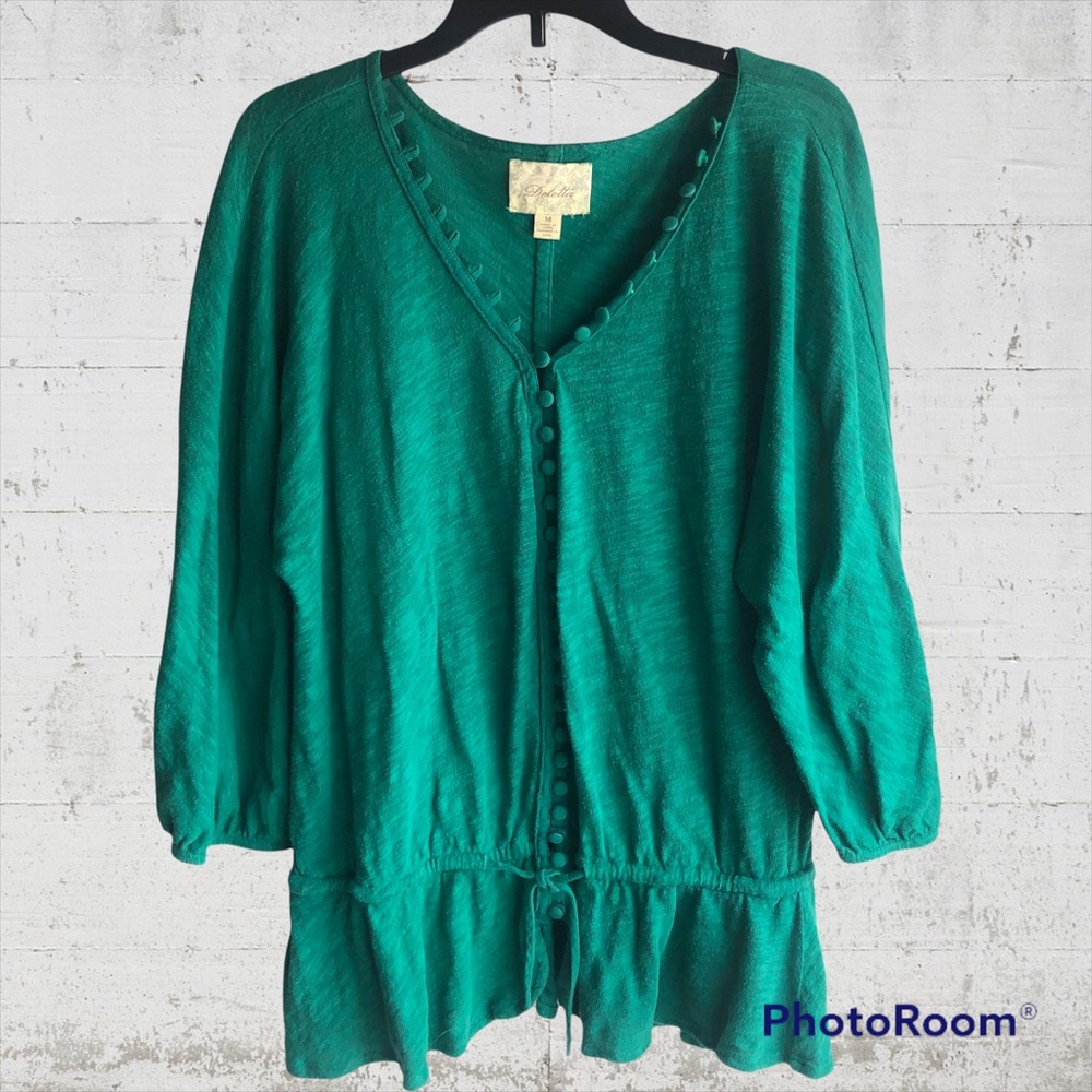 Anthropologie Deletta Emerald Green Button Up Cinch Drawstring Waist Top Medium